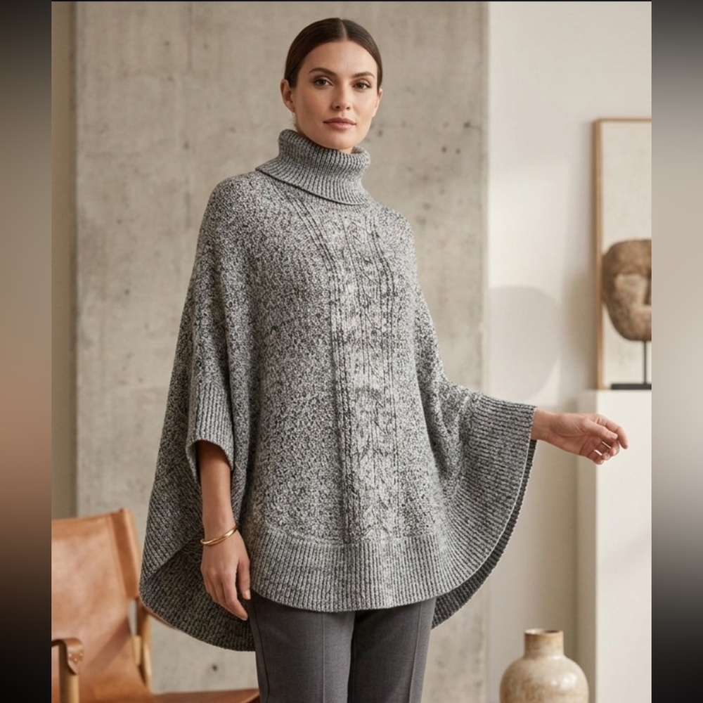 Brixon Ivy Cowl neck poncho S/M Gray Chunky Knit Fisherman Staple Cozy Coastal